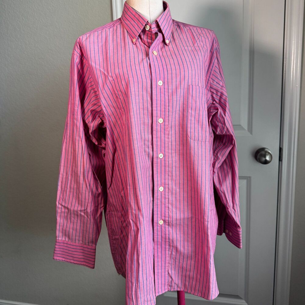 VTG Chaps Men’s Long Sleeve Striped Shirt Pink Blue Cotton Blend Button Up- L